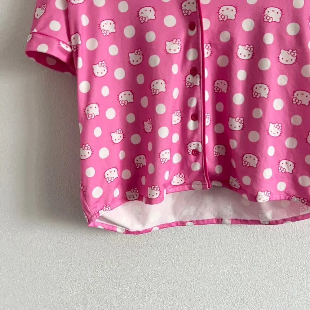 Hello Kitty Short-Sleeve Pink Polka Dot Button-Up Sleep Shirt M Coquette Girl